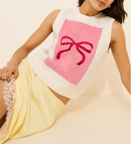 Image of Women Graphic Sweater Vest Y2k Sleeveless Lobster Pullover Top Crew Neck Lightweight Fall Knit Tank Top (Bow Pink,L)