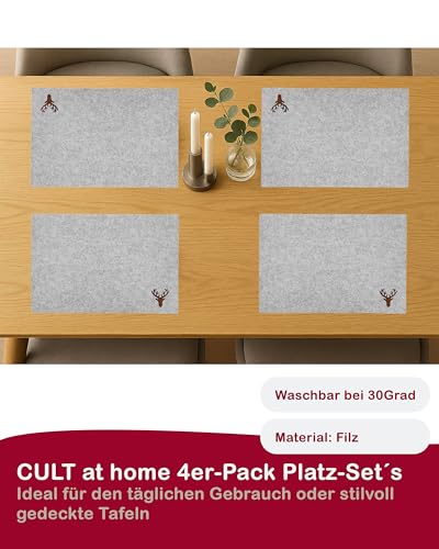 CULT at home Filz Tischsets Hirsch 45 x 30 cm - 4 Stück Platzset Tischset Placemate Platzdeckchen hell grau - Deko Tischdeko Weihnachten Advent - Dekoration und Schutz Esstisch Wohnzimmertisch