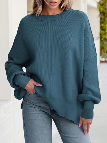 Image of ANRABESS Women Oversized Sweaters Batwing Long Sleeve 2026 Fall Outfits Crewneck Casual Knit Side Slit Fashion Pullover Top