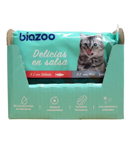 Biazoo- Pack 12 Unidades Comida húmeda para Gatos- Delicias fileteadas salmón y atún Grain Free - 4 Pouches x 100 gr