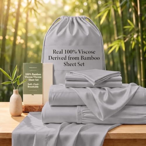 Image of TWK Real 100% Viscose Derived from Bamboo Sheets Set King Size, Cooling & Silky Soft for Hot Sleeper, Breathable & Moisture Wicking Fabric, 18 inch Deep Pocket with Corner Straps (Gray, King)