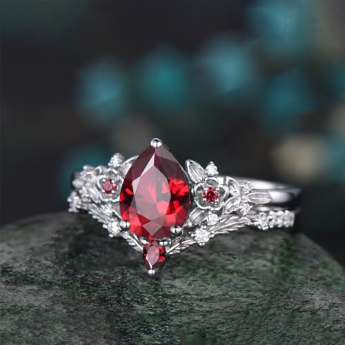 1.5CT Pear/Oval Cut Created Ruby Ring Sets for Women 10K 14K 18K Gold Gemstone Ruby Inspired Anniversary Ring for Wedding Valentine's Day Size 4-122