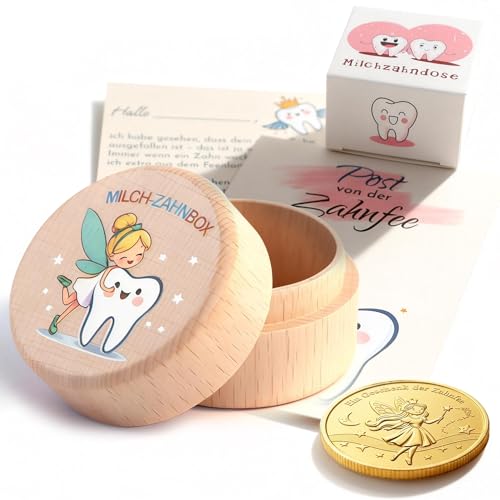 Gzxhsy Zahndose Milchzähne für Mädchen und Jungen | Zahnfee Geschenk mit Milchzahndose Brief Münzen | Geschenk zur Taufe zum Geburtstag oder für neue Eltern (A5-Zahnfee)
