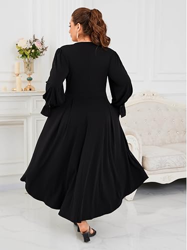 Plus Size Maxi Dress for Curvy Women Long Puff Sleeve Crewneck Stretchy Empire Waist A-line Flowy Outfits with Pockets3