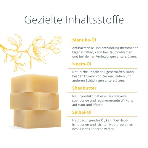 purapep Care Manuka-Öl Hundeseife – Natürliche Reinigung für glänzendes, kuscheliges Fell – Mit Manuka-Öl, Kokos-Öl & Oliven-Öl – Unterstützt empfindliche Haut und lindert Juckreiz – sehr ergiebig!