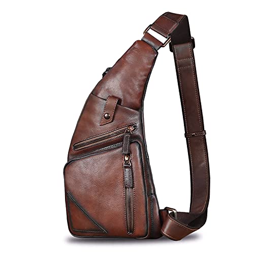 Genuine Leather Sling Bag For Men Vintage Handmade Crossbody Daypack Hiking Backpack Retro Crossbody Shoulder Bag (Lightcoffee) #TOP1