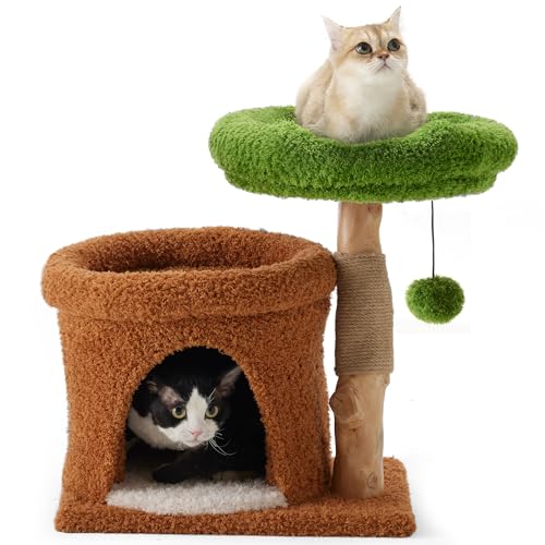 FUKUMARU Albero Tiragraffi per Gatti, Tiragraffi in Legno Massello, Piccolo Castello per Gatti con Cuccia, Colonna Tiragraffi, Lettino Morbido e una Palla Giocattolo.