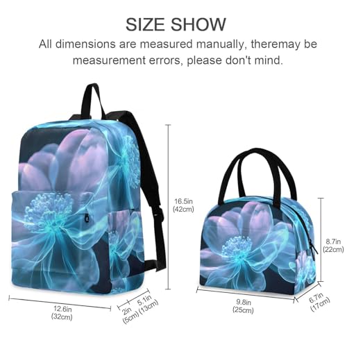 Backpack Lunch Bag Set Clear Blue Floral Print, Big Storage Travel Backpacks with Insulated Lunch Box for Office Hiking Picnic2
