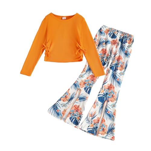 Image of Kids Toddler Girl Clothes Ruched Drawstring Long Sleeve Top and Girls Flared Pants 2Pcs Girls Outfits Size (5-10T)