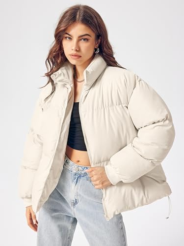 CIDER Women’s Quilted Puffer Jacket Cropped Long Sleeve Stand Collar Zip Up Trendy Winter Oversized Coat2