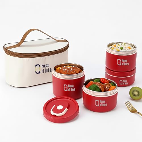 Image of House of Quirk 304 Stainless Steel Bento Lunch Box for Adults, 4 Stackable Containers with Insulated Thermal Case, Microwave Safe & Portable (Red)