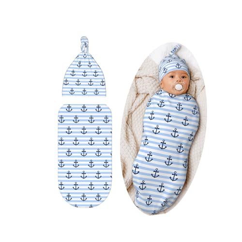 Image of Lcokin Striped Anchor Baby Stuff Swaddle Blanket Hat Set for Boys Girls, Newborn Receiving Blanket Outfit Infant Shower Gift