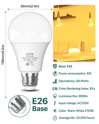 Image of A19 E26 LED Bulbs, 60W Eqv, 9W, 2700K, Non-Dimmable, 6 Pack | 900 Lumen, Warm White Light, Ideal for Bedroom, Living Room Lighting