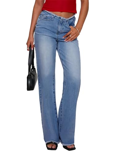 EMMIOL Women's Wide Leg Jeans Baggy Jeans Mid Rise Straight Leg Stretch Raw Hem Denim Pants Fall Outfits3