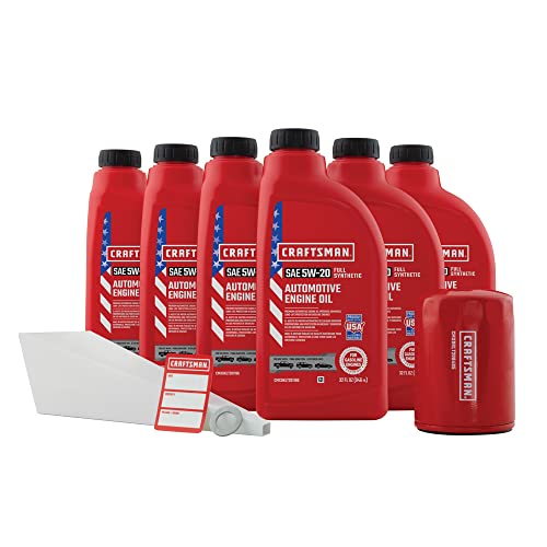 CRAFTSMAN 6 Quart 5W-20 Full Synthetic Oil Change Kit Compatible With Ford, Lincoln, and Mercury Vehicles – In The Kit: 6 Quarts of Oil, 1 Filter, 1 Crush Washer, 1 Oil Change Sticker (CMXOKLT207152)
