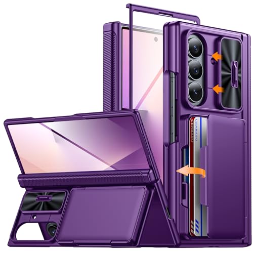 CENMASO for Samsung Galaxy Z Fold 7 Case with Card Holder [RFID Blocking] Camera Cover, Hinge Protection, Hidden Kickstand, Screen Protector, Slim Shockproof Phone Case for Galaxy Z Fold 7-Purple
