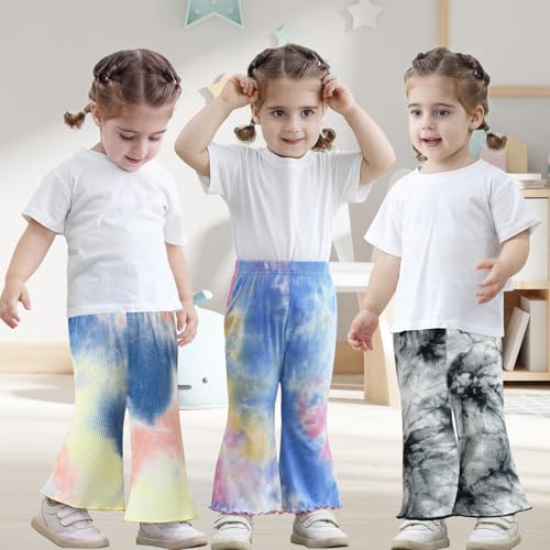 3 Pack Baby Girl Pants Tie-Dye Toddler Girls Flare Pants Newborn Bell Bottoms Ruffled Ribbed Knite Toddler Leggings2