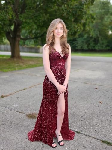 Miao Duo Women's Sequin Sparkly Mermaid Prom Dresses with Slit 2025 Long Spaghetti Straps Formal Evening Dress YZTS2113