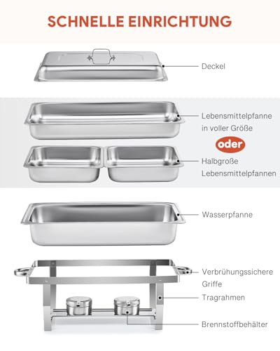 Wilprep Chafing Dish Edelstahl Buffet-Set Warmhaltebehälter Speisenwärmer Wärmebehälter Rechaud für Catering, Buffet und Party (4 Set 4x1+8x1/2 GN-Behälter) – Bild 7