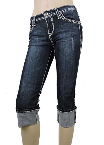 L.A. Idol Women Capri Jeans Crystal Fleur Cross Flap Bold Stitch Stretch Dark Blue