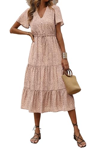 PRETTYGARDEN Summer Floral Dress for Women 2025 Casual Boho Short Sleeve Maxi Dresses V Neck Tiered Flowy Beach Sundress