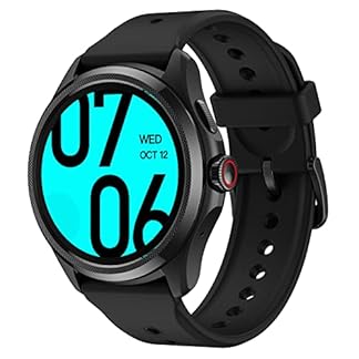 A TicWatch Pro 5 Smartwatch with a black strap, showcasing a digital display with the time "07:06" and date "Wed, Oct 12" on a cyan background. The watch features a sleek design with two side buttons, one with a red accent.