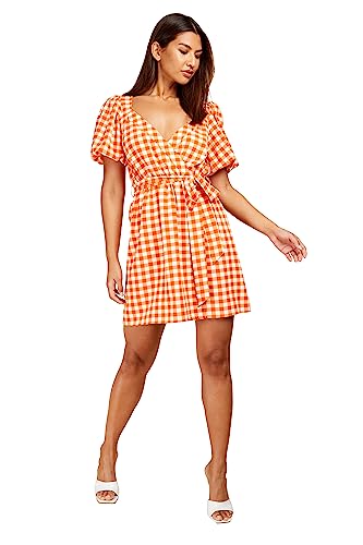 Little Mistress Orange Gingham Puff Sleeve Mini Wrap Dress, 16