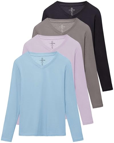 Real Essentials 4 Pack: Women's V-Neck Cotton Long-Sleeve T-Shirt (Available in Plus Size)