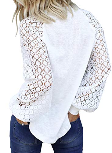 MIHOLL Women's Lace Long Sleeve Tops Casual Loose Blouse Shirts (White, Medium)