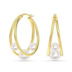 14K Three Pearl Gold Hoops Earrings