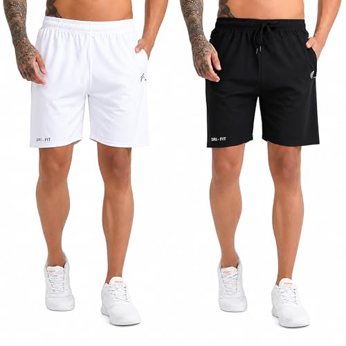 Image of BLUE STAR SHARK Athletic Sports Shorts for Men with Zip Pockets and Elastic Waistband Quick Dry Lightweight Activewear Combo - Pack of 2