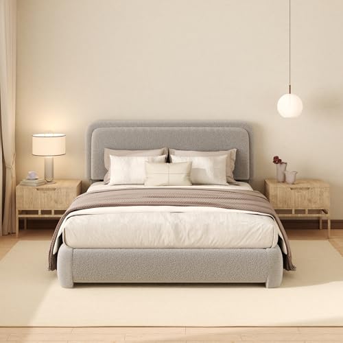 Vcooved Queen Boucle Platform Bed Frame with Height Adjustable Headboard,