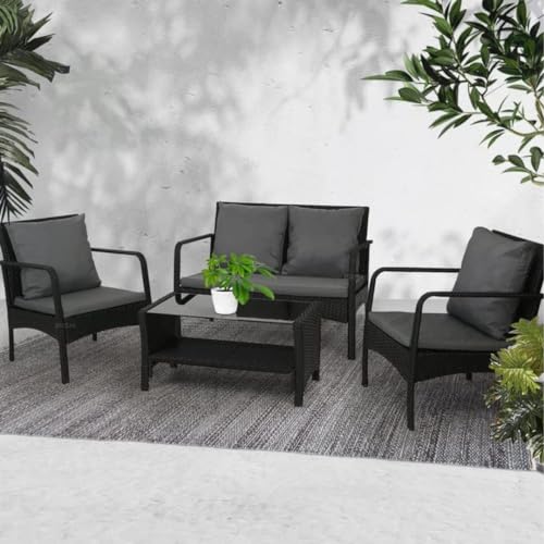 Image of Amazon Brand - Solimo Zeno Outdoor Sofa Set || Balcony Sofa || Patio Furniture Sets || Indoor Sofa|| Wicker Rattan Garden Sofa Set with Cushion and Center Table, 4 Seater (Black & Grey)