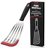 Silicone Fish Spatula, Heat Resistant Silicone Edge for Nonstick Cookware, Fish Turner for Kitchen Use, Flexible and Thin Stainless Steel Cooking utensils, Perfect Slotted Spatula for Egg, Pancake