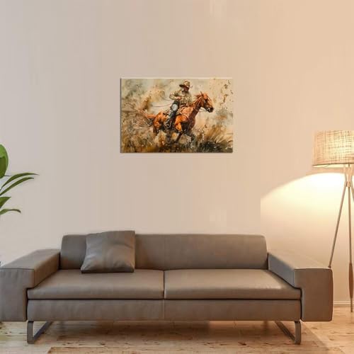 Western Cowboy Wall Art Pictures Cowboys on Horseback Horses on Dusty Ranch Western Poster Canvas Prints Vintage Cowboy Artwork Wall Decor for Office Home Decorations Framed (28''H x 44''W) by HJY Art - Image 2