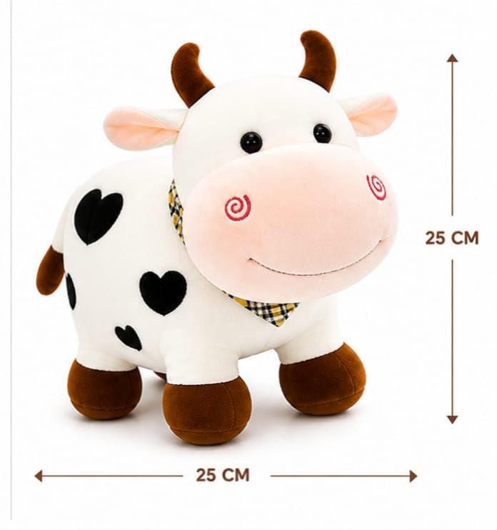 Image of Cute Cow Soft Toy Plush | Stuffed Animal Cow Teddy for Kids | Soft & Huggable Toy for Boys & Girls | Baby Safe Gift Item (White & Brown, 25 cm)