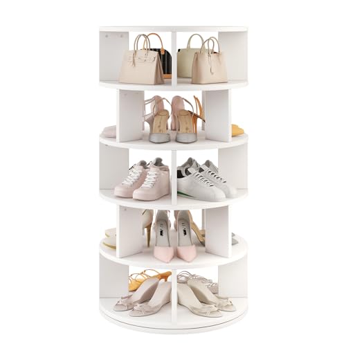 IBUYKE 5 Tier Rotating Shoe Rack, Wood 360°Spinning Shoe Rack Tower for 20 Pairs of Shoes, Vertical Round Shoe Handbag Organizer for Closet Entryway Living Room Bedroom, White WSR005W IBUYKE 5 Tier Rotating Shoe Rack, Wood 360°Spinning Shoe Rack Tower for 20 Pairs of Shoes, Vertical Round Shoe Handbag Organizer for Closet Entryway Living Room Bedroom, White WSR005W