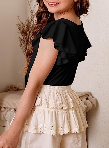 Image of blibean Girls Ruffle Short Sleeve Shirts Summer Tops Size 4-15Y | Cute Butterfly Sleeve Tee, Kids Fashion Casual Tshirt, Solid Blouse for Tween Teen, Dessy Outfits