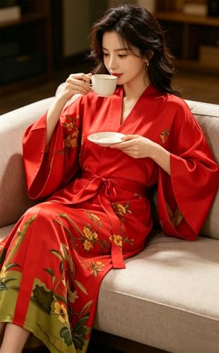 Image of Women's Classic 100% Silk Kimono Robe, Bathrobe-Printed Pattern