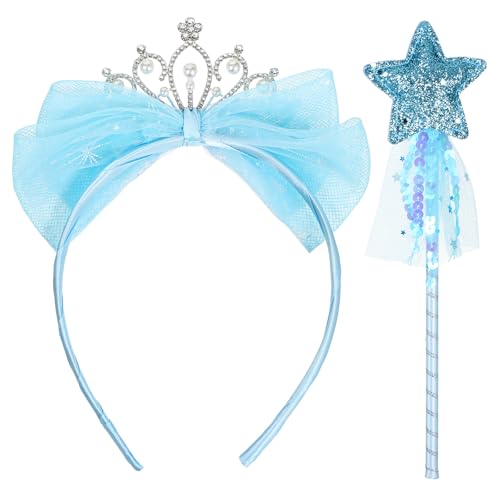 2 Stück Zauberstab Krone Stirnband für Mädchen, Kinder Tiara-Stirnband mit Tüllschleife und Sternenfeenstäben für Mädchen, Abschlussfeier, Geburtstagsfeier, Cosplay, Feenkostüm-Zubehör (Blau)