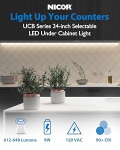 24” LED Direct Wire Under Cabinet Light - Dimmable Undercounter LED Lights for Kitchen - Selectable CCT 2700K-5000K, 612-648 Lumens, 9W - UCB Series Hardwired Under Cabinet Lighting by NICOR Lighting — photo 2 of 6