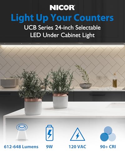 Nicor 24” LED Direct Wire Under Cabinet Light - Dimmable Undercounter LED Lights for Kitchen - Selectable CCT 2700K-5000K, 612-648 Lumens, 9W - UCB Series Hardwired Under Cabinet Lighting Lighting