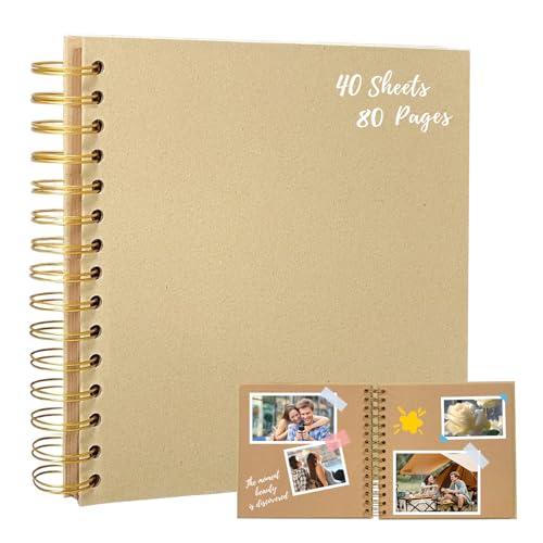 Bellanova 8 Pulgadas Album Scrapbook en Espiral, 20.5×20.5cm Álbum de Fotos para Pegar y Escribir, Cubierta Kraft, 40 Hojas 80 Páginas, DIY Cuaderno de Diario, Cuaderno de Dibujo (Caqui)