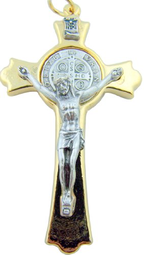CB Gold Tone Saint Benedict Crucifix Pendant, 3 Inch
