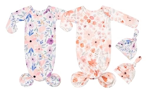 Image of Vollmic Newborn Baby Knotted Gown Sleeper Gown with Mittens Long Sleeve Nightgown Baby Coming Home Outfit with Hat 2 Pieces