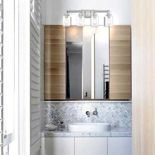 Image of Brushed Nickel 4-Light Bathroom Light Fixture Over Mirror Sink, 4-Light Bathroom Vanity Lights Brushed Nickel Vanity Wall Sconce for Mirror