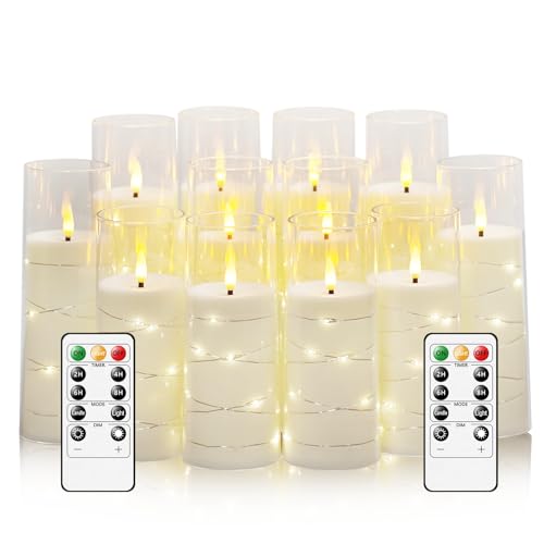 Image of Sasigeiaa Flameless Candles with Embedded Star String - Battery Operated LED Candles, with Remote,12 White Flickering Candles for Christmas, Weddings, Home Decor & Party,(D 2.3 inchxH 5 inch 6 inch 7 inch)