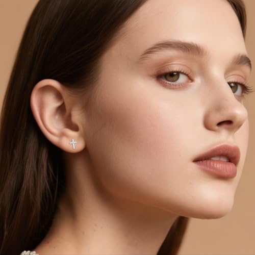 SLUYNZ Solid 925 Sterling Silver Cross Earrings Stud for Women Teens Small CZ Stud Earrings3