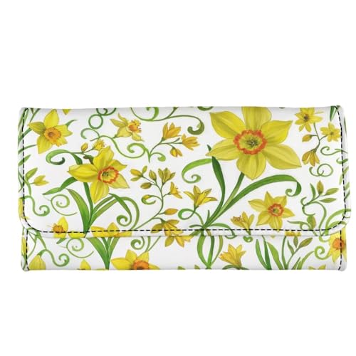 March Gold Daffodil Slim Wallet for Women Birth Flower Painting Trifold Long Credit Card Holder, Botanical Floral Leather Checkbook Wallet for Ladies2