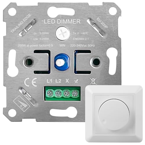 Interruptor regulador de intensidad LED, 220 – 240 V, regulador giratorio de 5 – 200 W, interruptor de luz regulable, interruptor regulable para bombillas LED regulables, bombilla y lámpara halógena